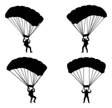 Silhouette icon set of 4 skydivers featuring parachute descent poses for extreme sports and adventure design