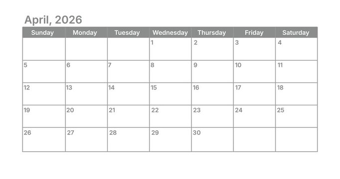 Classic April monthly calendar for 2026. week starts on sunday. isolated on white background for business planning and scheduling concept