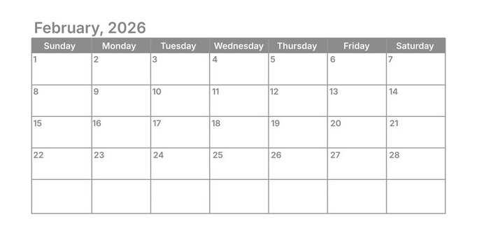Classic February monthly calendar for 2026. week starts on sunday. isolated on white background for business planning and scheduling concept