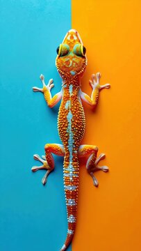 Vibrant Gecko on Contrasting Orange and Blue Background.