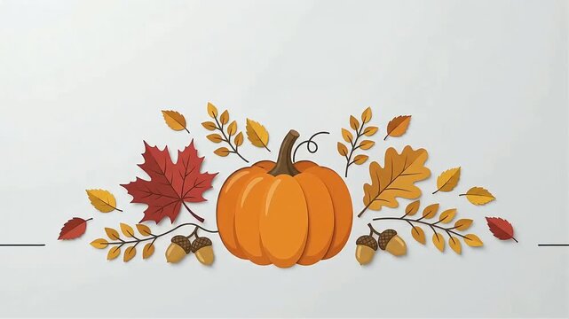 Continuous Line Drawing Pumpkin Transition to Paper Cut Autumn Animation with Falling Leaves
