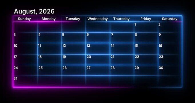 Futuristic August 2026 monthly calendar template with glowing blue and purple neon lines isolated on black background for digital business planning
