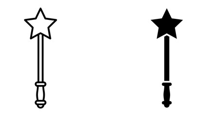 Magic Wand Icons: A set of two stylized magic wands, one outlined and one solid black, each featuring a star at the tip and a detailed handle, representing fantasy and creativity. © mahmuda428