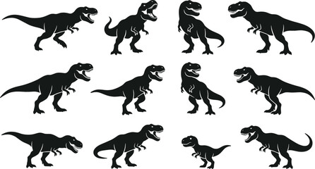 Tyrannosaurus Rex Dinosaur Silhouette Vector Icon Set with Prehistoric Angry T-Rex Predators for Jurassic Wildlife Museum Education and Monster Graphic Designs © Feroz