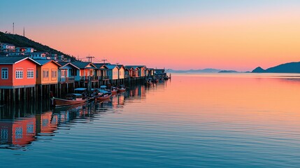 Fototapeta premium Colorful stilt houses line the water's edge reflecting in the calm sea during a vibrant sunset
