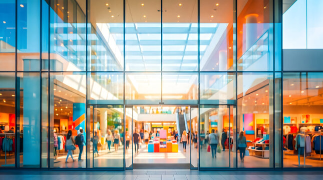 Modern shopping mall entrance with glass facade and flowing pedestrian traffic inside