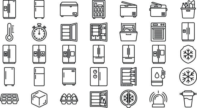 Refrigerator and freezer appliance line icon set featuring smart fridge models deep freezers cooling icons and kitchen appliance vectors
