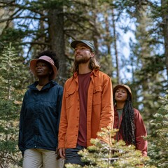 Fototapeta premium Mixed group of hikers exploring dense woodland trail background for outdoor adventure banner and nature lifestyle design