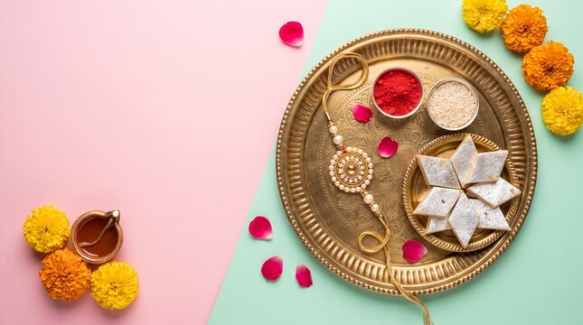 Top view flat lay of a traditional Rakshabandhan pooja thali with an elegant pearl Rakhi, kaju katli sweets, kumkum, rice, and oil lamp diya on a pink and green pastel background.