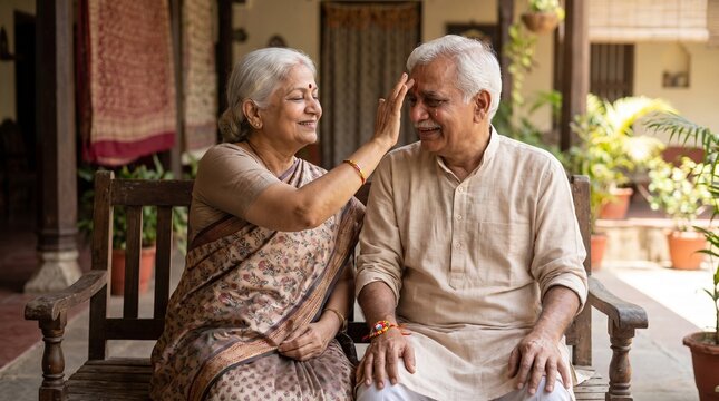 Heartwarming moment of an elderly senior Indian sister applying tilak on her brother's forehead during Rakshabandhan celebration, sitting on a wooden bench in a traditional courtyard.