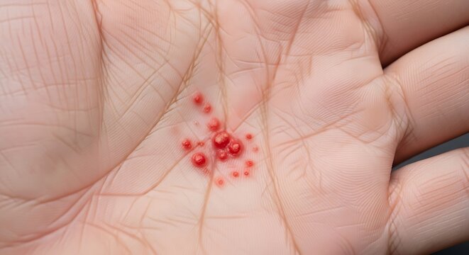 Close up view of human palm with red skin rash and spots irritation dermatitis