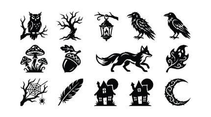 Set of halloween and forest nature icons, black silhouettes © Farina