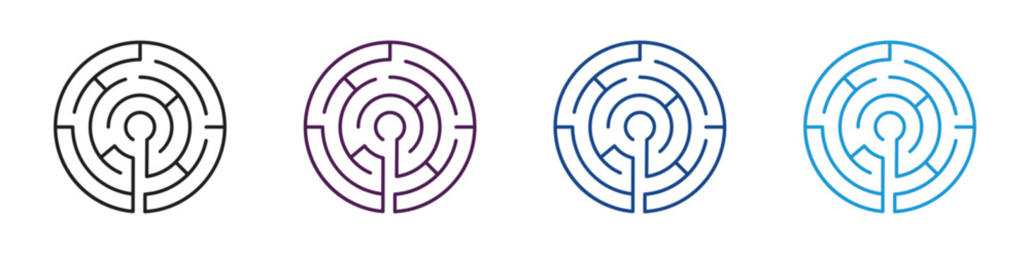 Intricate labyrinth maze circular design pattern on white background. Problem solving icons. Vector illustration.