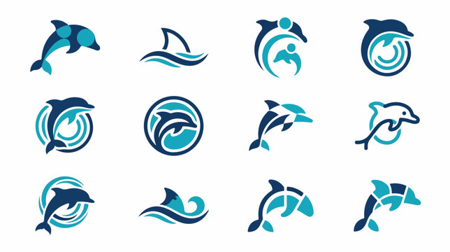 Set of abstract blue dolphin logo designs and icons.