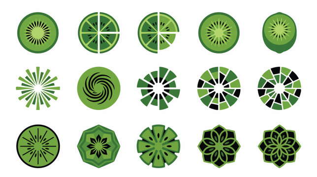 Set of abstract green circular geometric logos and decorative mandala icons.