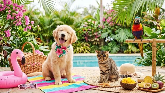 Golden retriever puppy sits with tabby kitten and rainbow lorikeet at poolside. Tropical summer vacation scene with beach accessories and fresh tropical fruits. Pet relaxation and fun concept