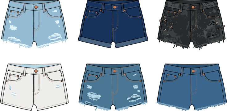 Women denim shorts vector collection with isolated ripped distressed punk jeans pants icons set for casual clothing fashion illustration