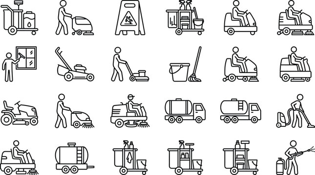 Industrial cleaning service line icon set featuring professional floor scrubbers janitorial carts street sweepers and pressure washing vector elements