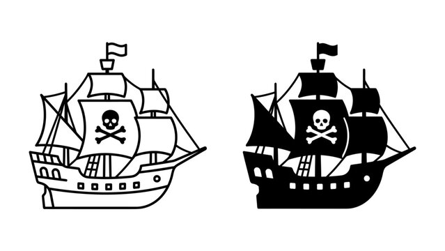 Pirate Ship Silhouette and Outline: Two pirate ships, one in silhouette and the other in outline, sail the seas under a Jolly Roger flag, representing adventure and maritime lore.