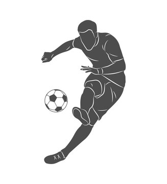 Football soccer player man in action kicks a ball isolated white background. Vector illustration