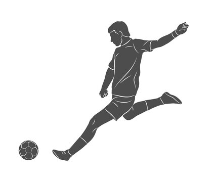 Football soccer player man in action kicks a ball isolated white background. Vector illustration