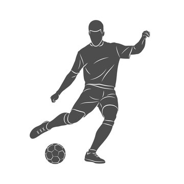 Football soccer player man in action kicks a ball isolated white background. Vector illustration