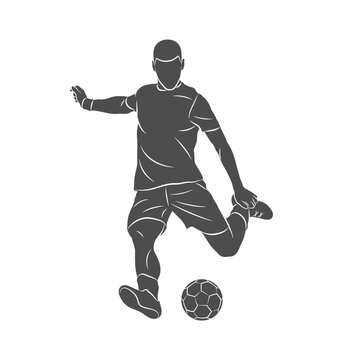 Football soccer player man in action kicks a ball isolated white background. Vector illustration