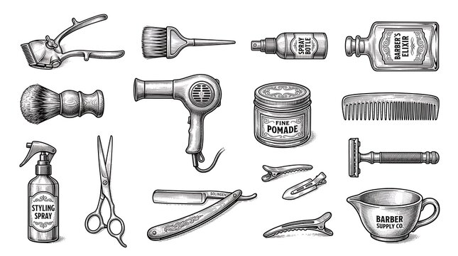 Vintage hand-drawn engraving style collection of classic barber tools and grooming products, featuring clippers, scissors, razors, and pomade jars on a white background.