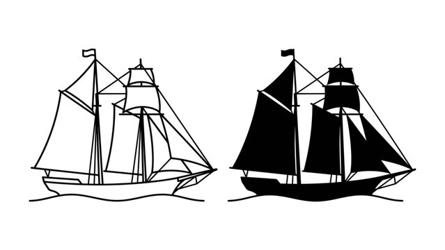 Sailboat illustration: Two sailboats, one outlined and one silhouetted, glide across the water under full sail, representing classic maritime design and nautical exploration.