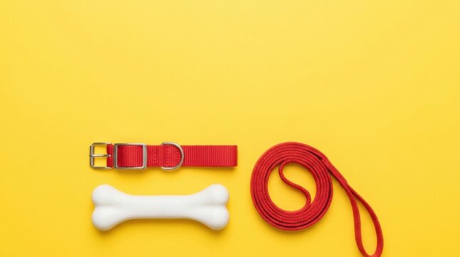 Red dog collar with matching leash and white bone toy arranged neatly on a bright yellow background for pet care
