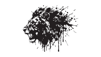 Roaring Lion Head Illustration in Black Ink Splatter Grunge Style © MD