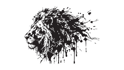 Stylized Monochrome Lion Portrait with Artistic Ink Drip and Splatter © MD