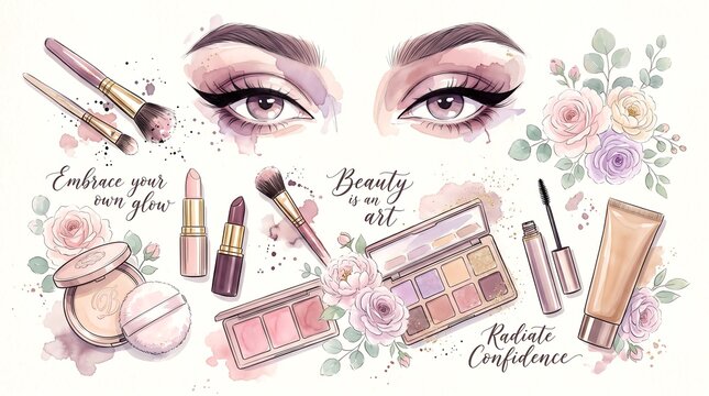 A beautiful watercolor collage of makeup cosmetics, beautiful eyes with winged eyeliner, soft roses, and inspiring beauty quotes on a clean white background.