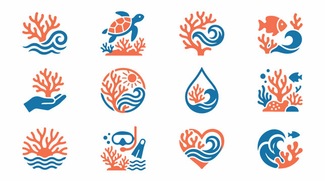 Set of ocean coral reef and marine life icons in flat style.