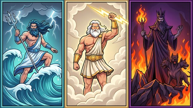 Triptych illustration of the Greek Big Three gods: Poseidon ruling the ocean waves, Zeus holding a lightning bolt in the clouds, and Hades with Cerberus in the underworld.