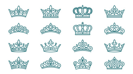 Set of 16 elegant teal line art crown and tiara icons featuring fleur-de-lis and geometric decorative designs on a white background for luxury branding and royal themes. © ROUDLOTUTTHULLAB