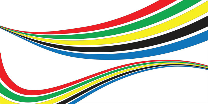 Abstract white background with colorful arching lines in red, green, yellow, black, and blue. Minimalist rainbow curve design for modern graphics and banners.