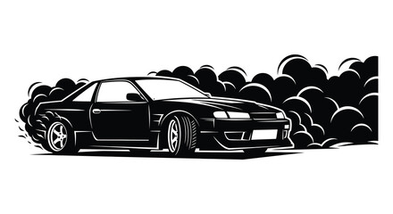 Sports car drifting with smoke black and white silhouette © AfiaIslam