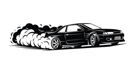Sports car drifting with smoke black and white silhouette © AfiaIslam
