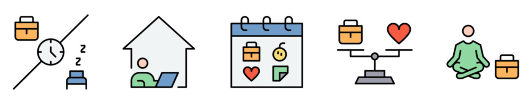 Conjunto de iconos de equilibrio laboral. Representa bienestar, organizaci&oacute;n, vida personal y profesional. Incluye descanso, productividad, hogar, tiempo libre y salud. Ilustraci&oacute;n vectorial