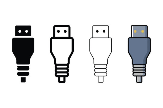Set of four digital technology icons featuring various usb cable connector styles