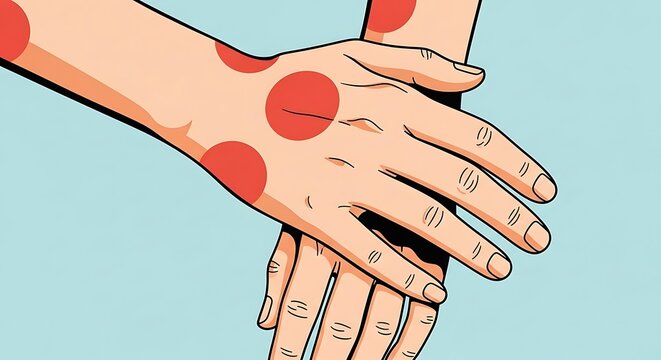 Graphic illustration of human hands with red rashes or skin irritation, symptoms