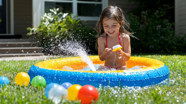 Young girl playing in inflatable pool with water spray, colorful plastic balls, and grass in backyard, enjoying summer birthday party outdoors, smiling and happy