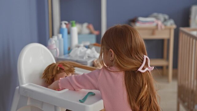 Girl pretends to feed a doll in a highchair inside a building nursery, placing a bottle and spoon while reaching; tenderness nurturing.