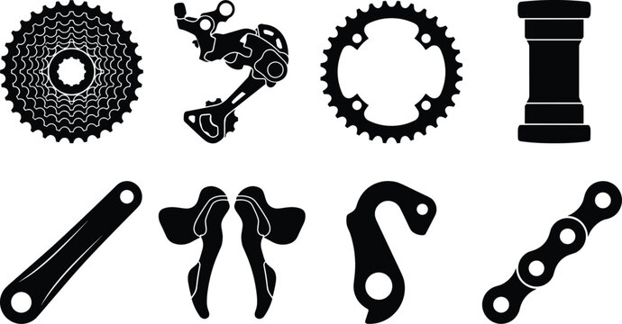 Set of black flat bicycle drivetrain and transmission parts icons for technical maintenance design