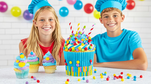 Children chef hat birthday cupcake colorful party smiling celebration dessert happy baking frosting sprinkles blue yellow red girl boy indoor fun cheerful sweet treat playful decoration table