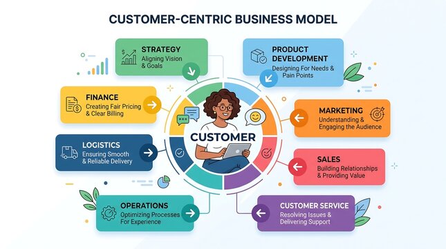 Customer-centric business model infographic, corporate strategy diagram with marketing and sales icons, colorful organizational process chart
