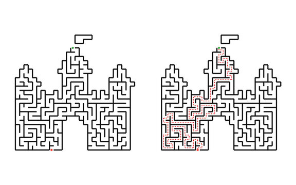 Maze in castle shape with solution, printable educational puzzle for kids, logic game worksheet, vector illustration