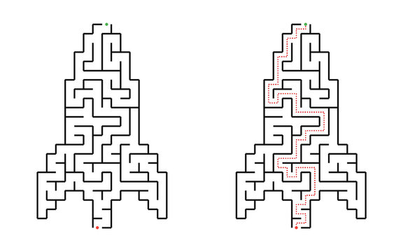 Rocket shaped maze with solution, printable educational puzzle for kids, logic game worksheet, vector illustration