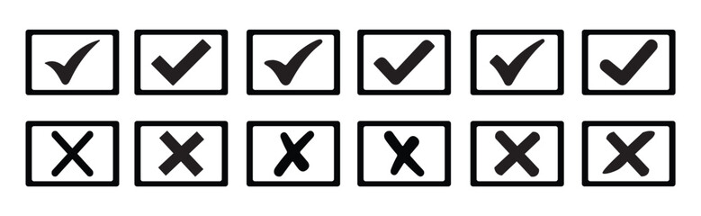 A set of checkbox icons (check marks and crosses) isolated on a white background  a minimalist icon set. © Welly